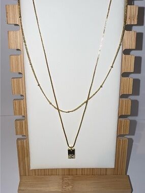 14K Gold Plated Layered Initial Necklace - Letter K Tag & Bead Chain Set